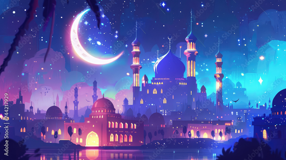A Muslim city with a mosque and crescent moon in Easter party concept for greeting card.