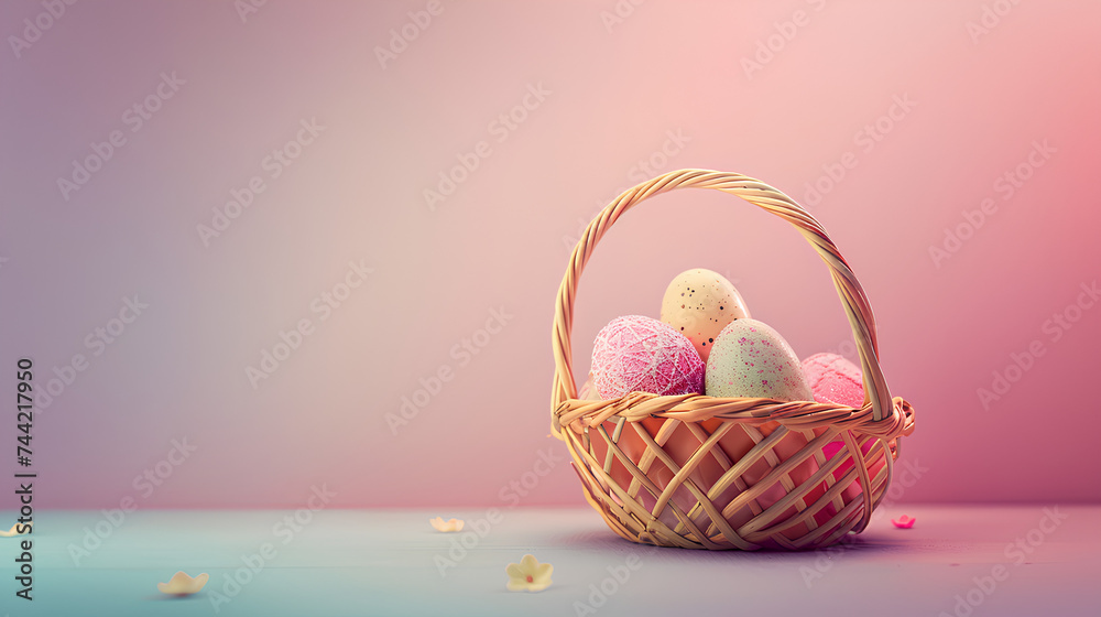 Decorated Easter egg inside a basket on a uniform color pastel background with copyspace Decorated Easter egg inside a basket on a uniform color pastel background with copyspace