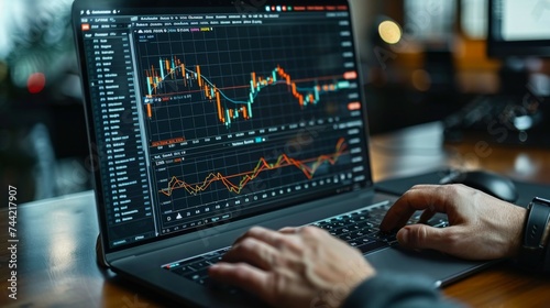 Crypto investor trades bitcoin, charts on laptop monitor, financial investment, online trading, business photo