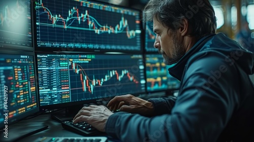 Crypto investor trades bitcoin, charts on laptop monitor, financial investment, online trading, business