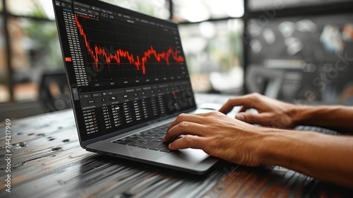 Crypto investor trades bitcoin, charts on laptop monitor, financial investment, online trading, business