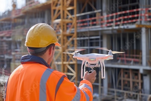 A man wearing an orange jacket holds a remote control helicopter, Large-scale construction site utilizing drone technology for site surveying, AI Generated