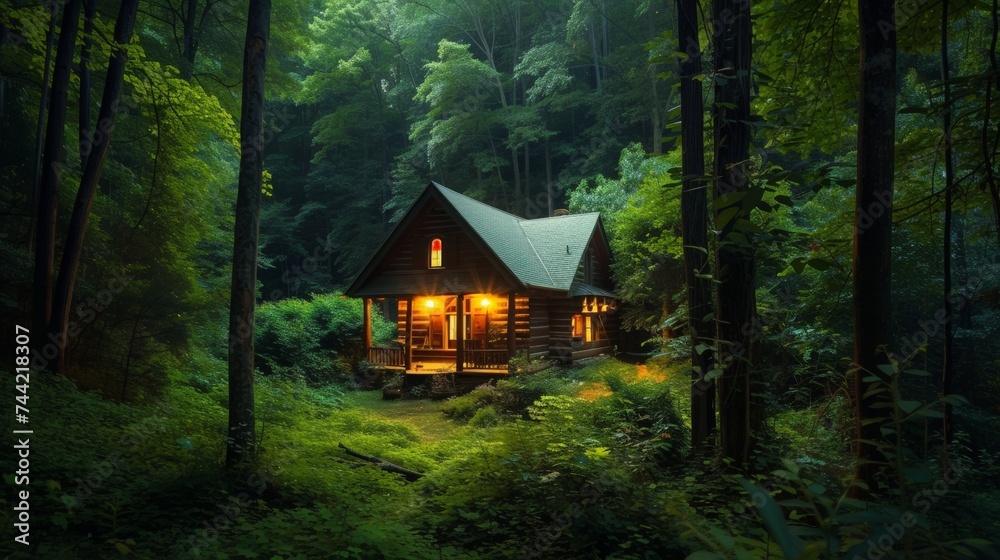 Amidst the lush green forest, a quaint log cabin stands tall, nestled among the towering trees and surrounded by the beauty of nature