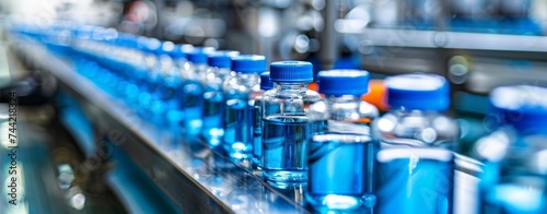 Sterile Pharmaceutical Production Line. Rows of sealed vials on a modern, sterile production line in a pharmaceutical facility.