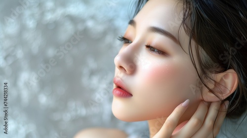 Craft an image featuring a young Asian beauty woman with pulled-back hair, showcasing Korean makeup style. Capture the moment as she delicately touches her face,