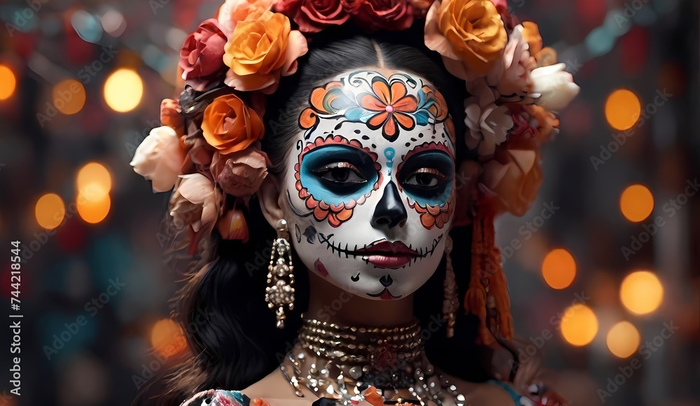 Generative AI  Woman wearing a makeup like Catrina with roses at head representing the Dia de Muertos tradition of Mexico
