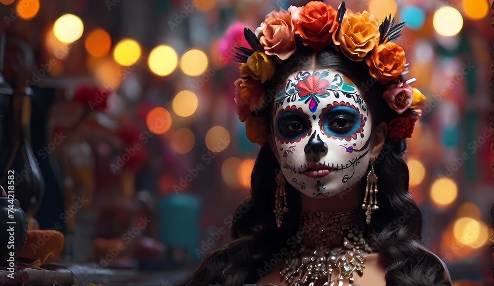 Generative AI Mexican woman with day of the dead makeup, flowers and skull, mexico holiday Portrait of a Beautiful Woman Día de los Muertos, Day of the Dead festival
Generative AI Mexican woman with day of the dead makeup, flowers and skull, mexico holiday Portrait of a Beautiful Woman Día de los Muertos, Day of the Dead festival