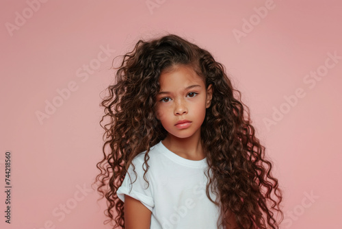 niña afroamericana de pelo negro largo y muy  rizado posando con camiseta blanca sobre fondo rosa

 photo