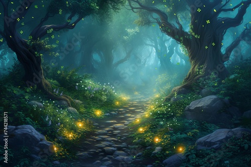 Enchanted forest pathway glowing fireflies twilight fantasy world mystical dreamy landscape