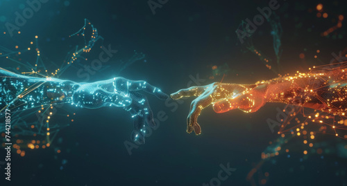 Fondo con representacion de la Inteligencia Artificial con dos brazos con sus manos creados digitalmente con conexiones de redes internet, en colores azules y naranja, tocándose por el dedo indice photo