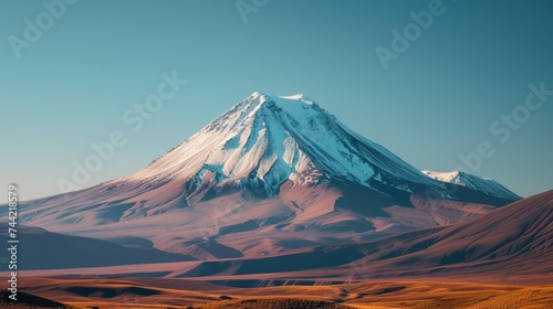 The majestic araate mountain, with its snow-capped summit and rugged ridge, stands tall against the vast sky, a striking blend of nature's beauty and the powerful force of an extinct stratovolcano photo