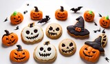 Generative AI  Homemade Halloween cookies on a white background, top view. With Generative AI technology Homemade Halloween cookies on a white background, top view. With Generative AI technology

