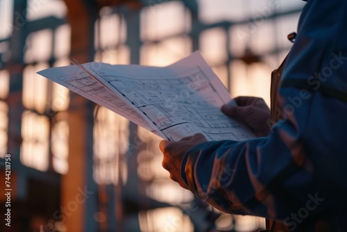 Engineer Reviewing Blueprints at Dusk on Industrial Construction Site photo