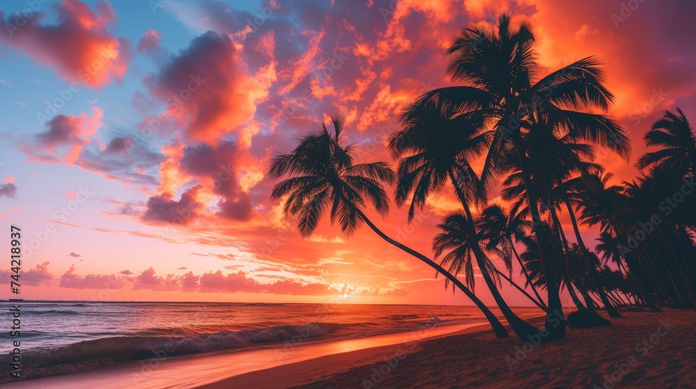 As the sun sets on the horizon, the palm trees sway in the gentle breeze, casting shadows on the golden sands of the caribbean beach, while the vibrant afterglow illuminates the sky and clouds above - obrazy, fototapety, plakaty 