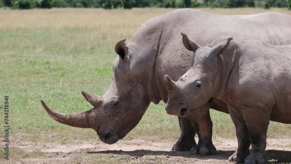 A Female And A Half-grown Calf Southern White Rhinos At Ol Pejeta Conservancy In Kenya. Handheld Shot A Female And A Half-grown Calf Southern White Rhinos At Ol Pejeta Conservancy In Kenya. Handheld Shot