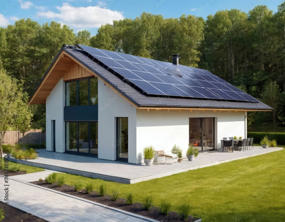 Country house with photovoltaic system on the roof. Modern country house with an autonomous power system. Using clean and sustainable energy.