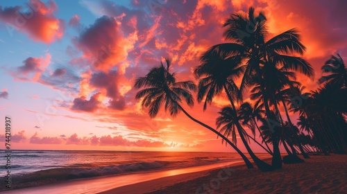 As the sun sets on the horizon, the palm trees sway in the gentle breeze, casting shadows on the golden sands of the caribbean beach, while the vibrant afterglow illuminates the sky and clouds above photo