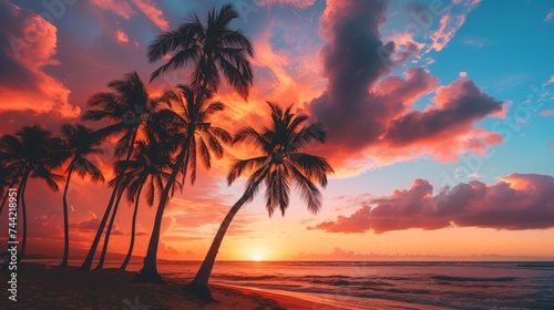 As the sun sets on the horizon, the afterglow illuminates the peach palms and date palms that line the tropical beach, creating a serene and peaceful outdoor landscape of palm trees against the backd © AiHRG Design