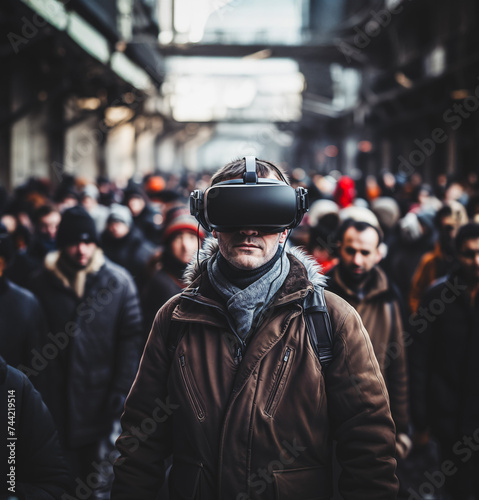Man standing in a crowd of people wearing virtual reality headset in busy urban street