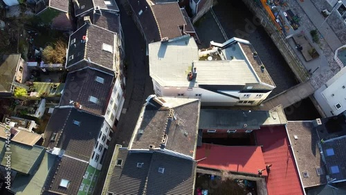 Top down aerial view over residential city center area in Stolberg, Germany. photo