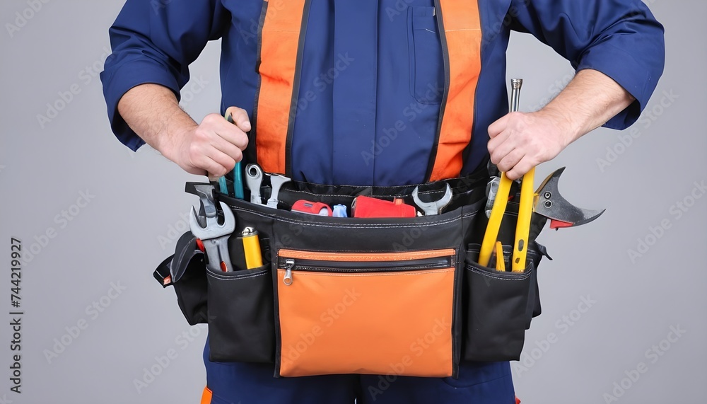 Close-up of Maintenance worker with bag and tools kit wearing on waist. Close-up of Maintenance worker with bag and tools kit wearing on waist.