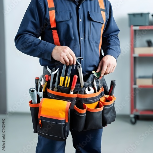 Close-up of a maintenance worker wearing a waist-mounted tool kit and a bag. photo