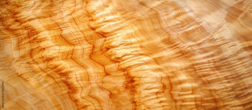 A detailed view showcasing the intricate and highly prized grain pattern found in curly or flame maple wood. A detailed view showcasing the intricate and highly prized grain pattern found in curly or flame maple wood.