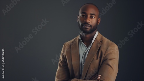 Create a portrait shot of a smart executive design director in a stylish brown-colored casual business attire. Capture the confidence and visionary thinking as they stand,