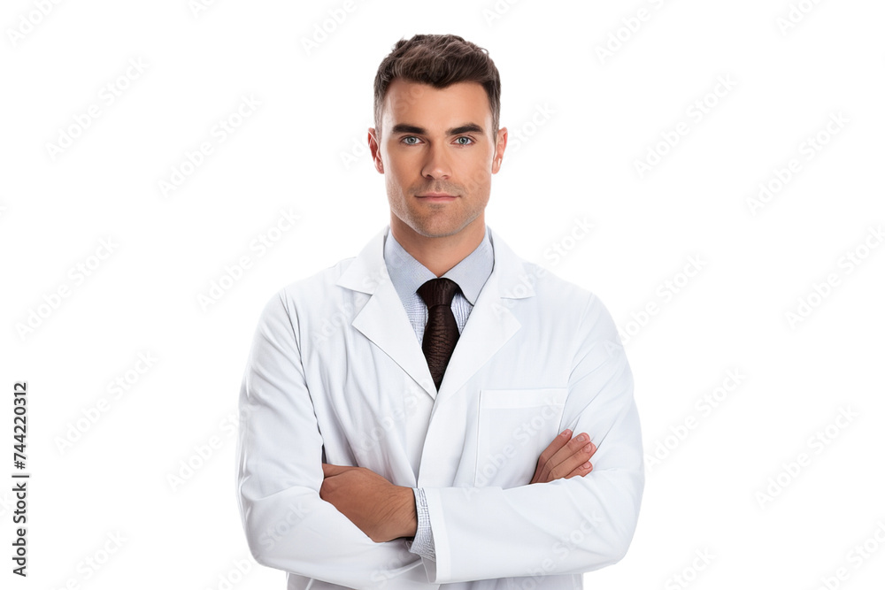 A young male medical doctor wear doctors uniform and stethoscope isolated on transparent background. A young male medical doctor wear doctors uniform and stethoscope isolated on transparent background.