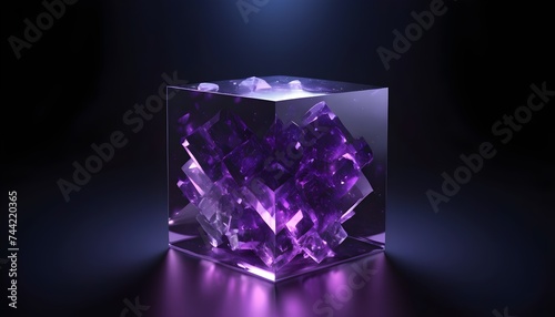crystal purple cube isolated on dark background