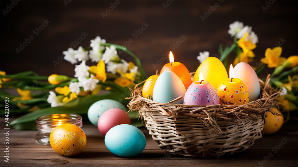 Easter eggs and candles with spring flowers on wooden background. Selective focus. Greeting card on an Easter theme. Happy Easter concept. Easter eggs and candles with spring flowers on wooden background. Selective focus. Greeting card on an Easter theme. Happy Easter concept.