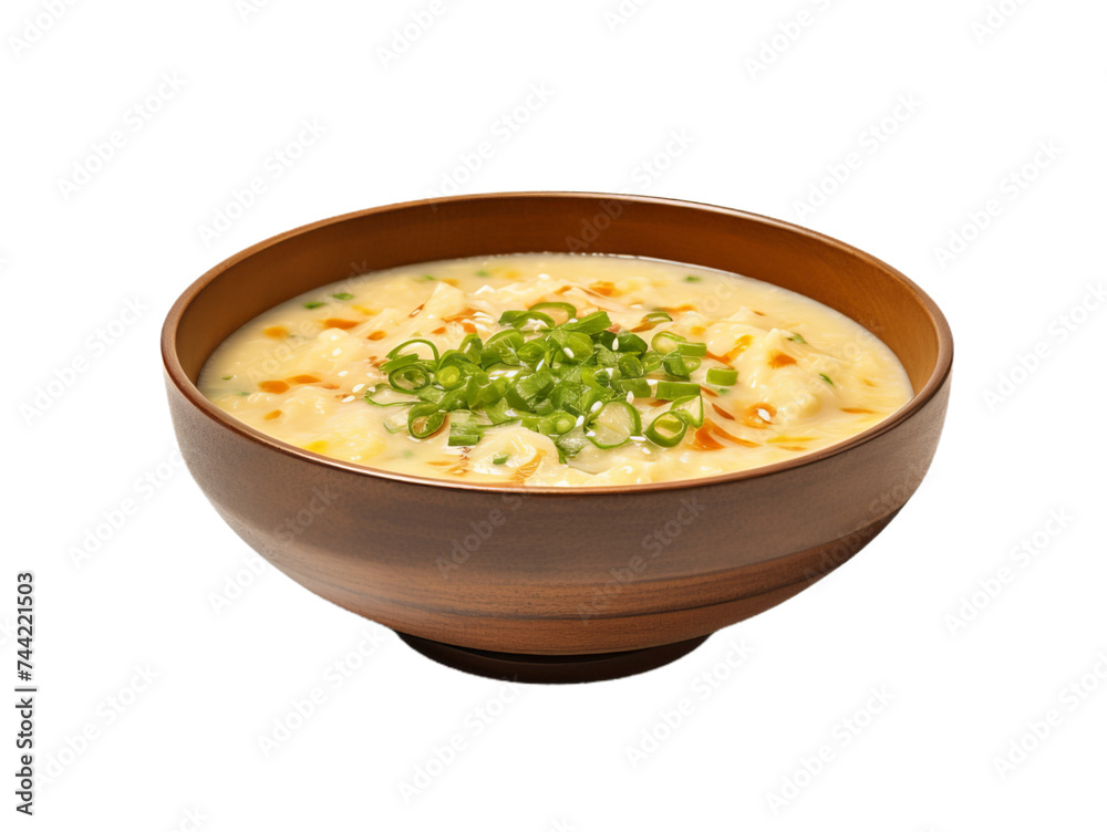 A close up of the tradition soup of Japan on brown bowl isolated on transparent background