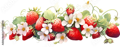 A fresh red strawberries  leaves and flower isollated on the transparent background