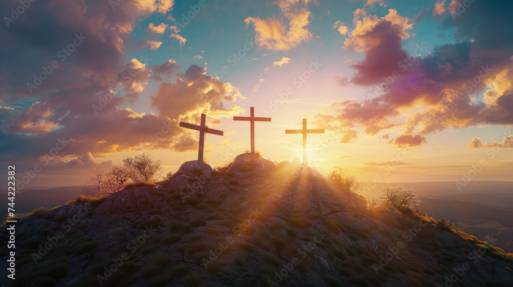 Image with three crosses on a hill at sunset for Easter feast Jesus Christ crucifixion concept. - obrazy, fototapety, plakaty 