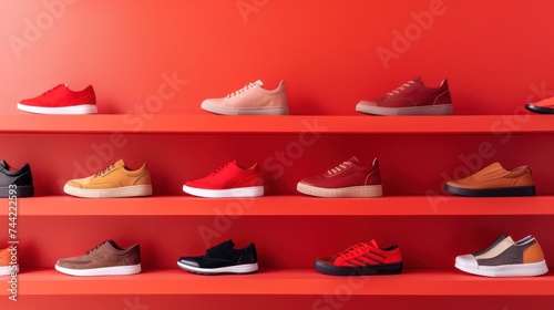 A red tone color of shoes store room with lots of shoes on the display rack. AI generated image