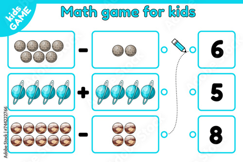 Educational space kids math game. Count cartoon planets and choose the number. Exercise for addition and subtraction education. Worksheet for school children. Vector design with Mercury, Pluto, Uranus