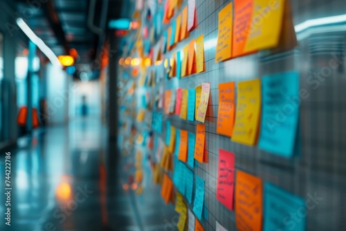 Blurred photo of a Kanban wall, capturing the dynamic work process in a modern agile environment, perfect for project management articles, suitable for events like World Productivity Day