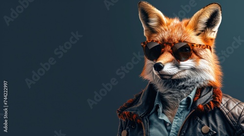 Portrait stylist fox character model in modern funky style copy space background. AI generated image
