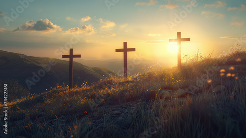 Image with three crosses on a hill at sunset for Easter feast Jesus Christ crucifixion concept.