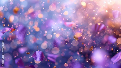 Gold and purple background and convetti in the form of a simple background. Blurred white light. Playful femininity. dots like confetti sparkling light bokeh background