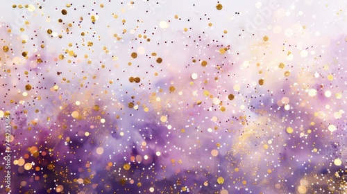 Gold and purple background and convetti in the form of a simple background. Blurred white light. Playful femininity. dots like confetti sparkling light bokeh background