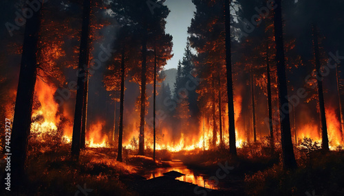 Dangerous fire in the forest, burning trees, natural disaster