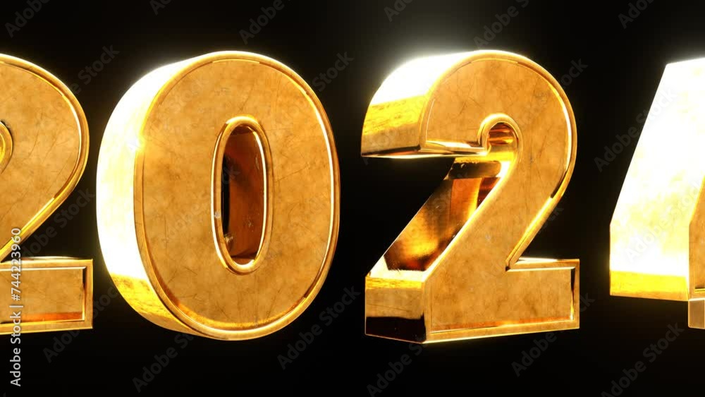 new year 2024 golden text motion 3d modeling cinematic animation as  deep black background.
