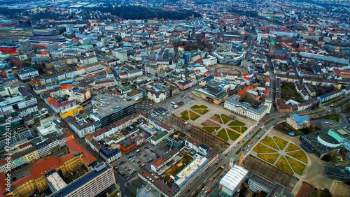 Aerial around the downtown of the city Kassel in Germany on a cloudy day in winter © Barny_Media