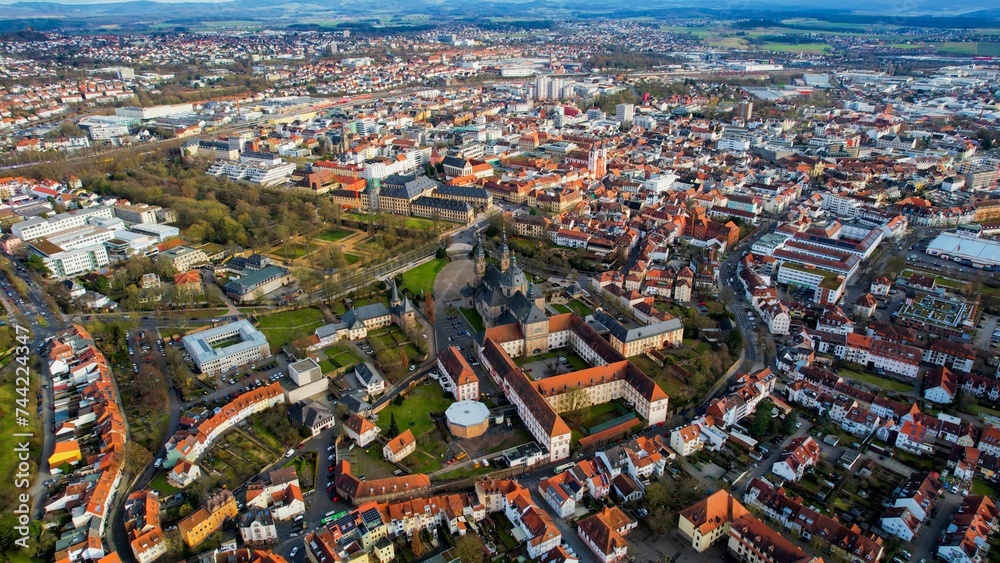 Aerial of the old town of Fulda in Hessen Germany on a sunny afternoon