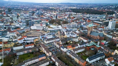 Aerial around the downtown of the city Kassel in Germany on a cloudy day in winter 