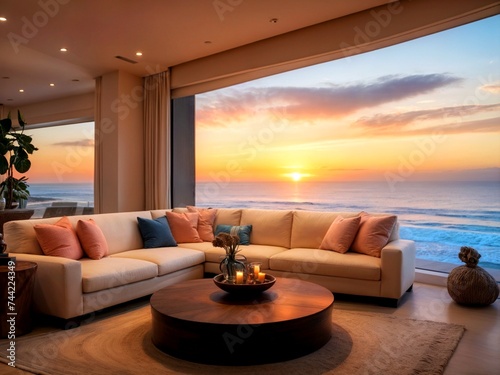Beautiful lounge room with sofas and large windows overlooking the ocean. © Владимир Коврижник