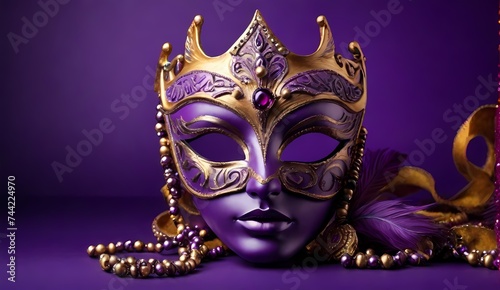 Generative AI Mardi Gras Venetian masks in golden purple green colors background. Festive colorful Carnival Mardi Gras masquerade mask design for banner, greeting card, prints, poster, party invitatio © Hassan