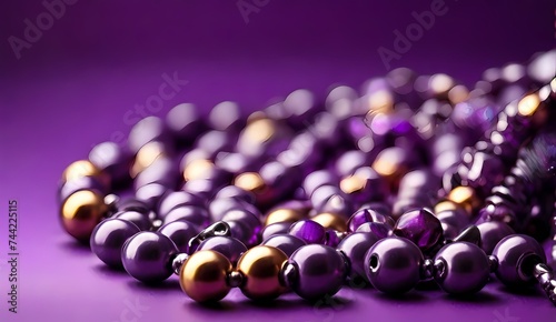 Generative AI Purple freshwater pearl necklace, luxury jewelry on the show case Banner with lilac and gold Mardi Gras beads and place for text