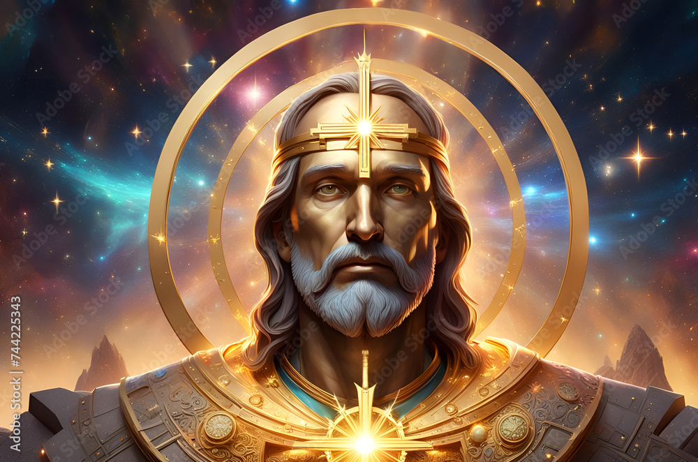 heilige Figur des Christentum Jesus lächelnd vor einem bunten Universum voller Licht leuchtend mit Sternen und Planeten, Ostern Erlöser Retter Religion Himmel gläubig Bibel Kirche Hoffnung Zuversicht heilige Figur des Christentum Jesus lächelnd vor einem bunten Universum voller Licht leuchtend mit Sternen und Planeten, Ostern Erlöser Retter Religion Himmel gläubig Bibel Kirche Hoffnung Zuversicht